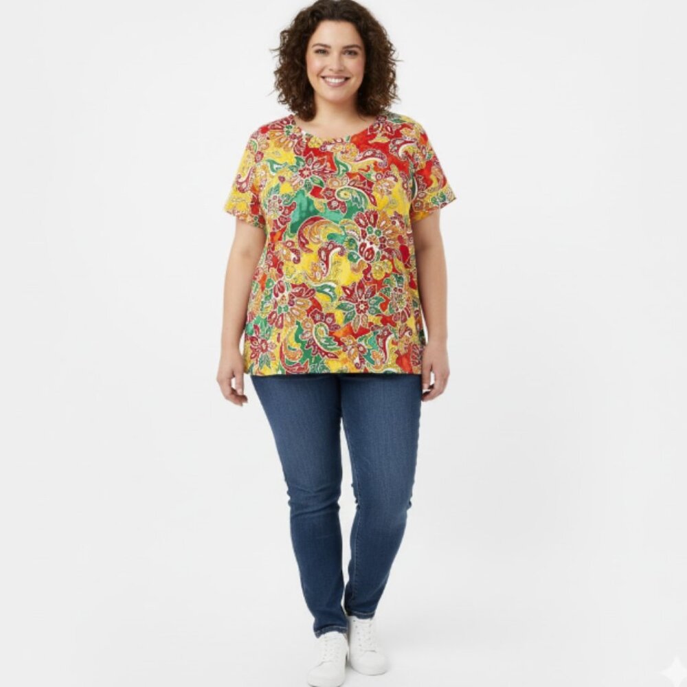 Rafaella Top size 2X Colorful Floral Abstract Stretch Criss Cross Back Casual